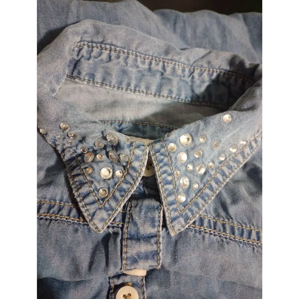 Justice Shirt Girls 10 Blue Chambray‎ Button Front Beaded